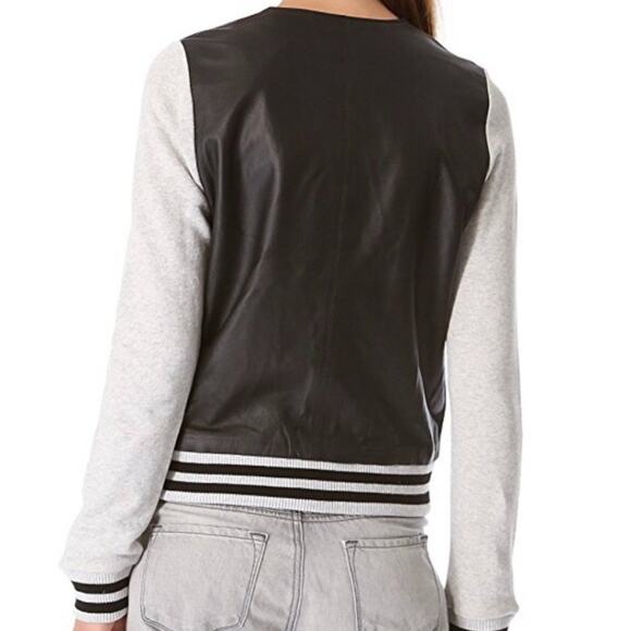 Townsen Leather Bomber Jacket Womens Small Black Gray Varsity Casual EUC - Picture 2 of 11
